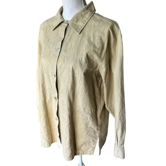 Jane Ashley Tan Silver Embroidered Linen Blend Shacket Shirt Women’s Large - Picture 2 of 14